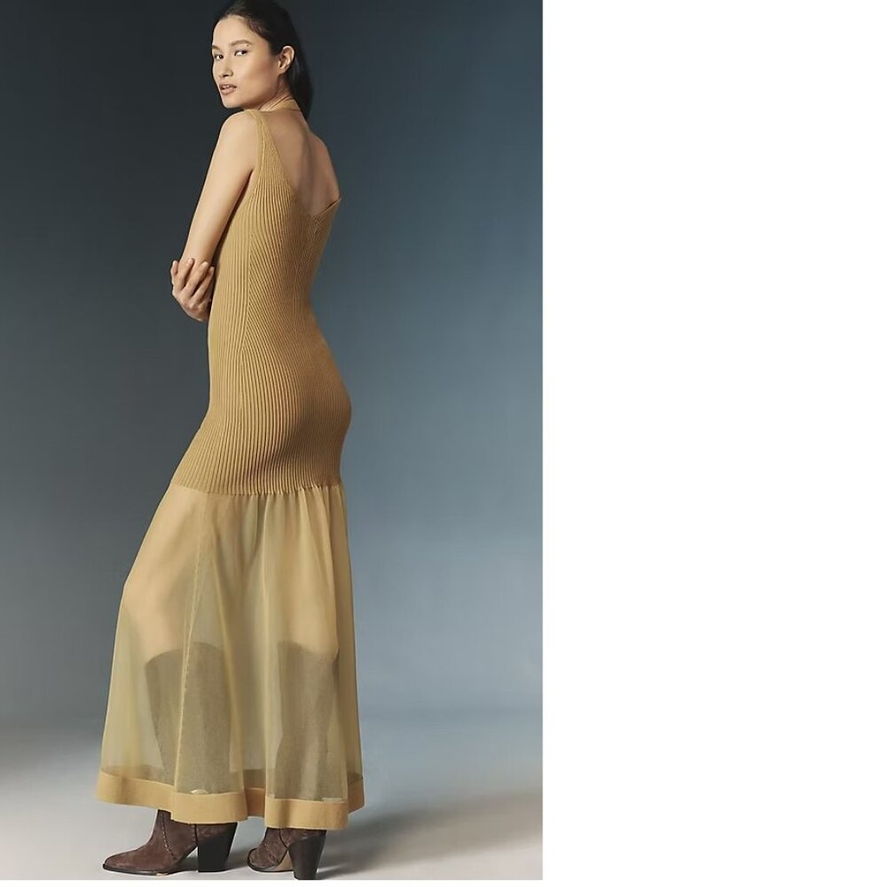 By Anthropologie Sheer Panel Maxi Sweater Dress new nwt size M gold color - Picture 3 of 7